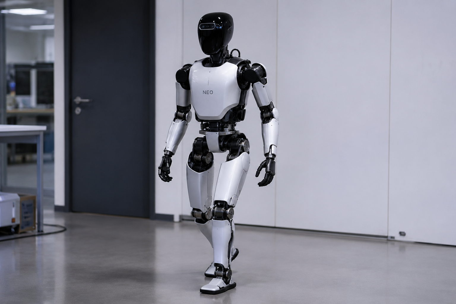 1X Neo humanoid robot from 1X Technologies in Palo Alto California showing the knit fabric suit and tendon driven design"
