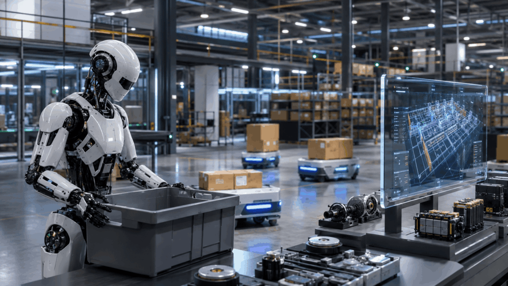 Humanoid robots displayed in a restricted high-security futuristic laboratory.