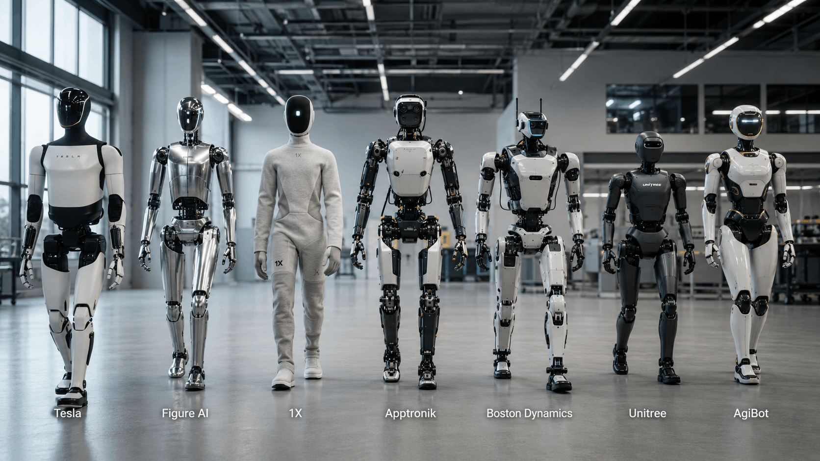 Humanoid robot companies race showing Tesla Figure AI 1X Apptronik Boston Dynamics Unitree and AgiBot.
