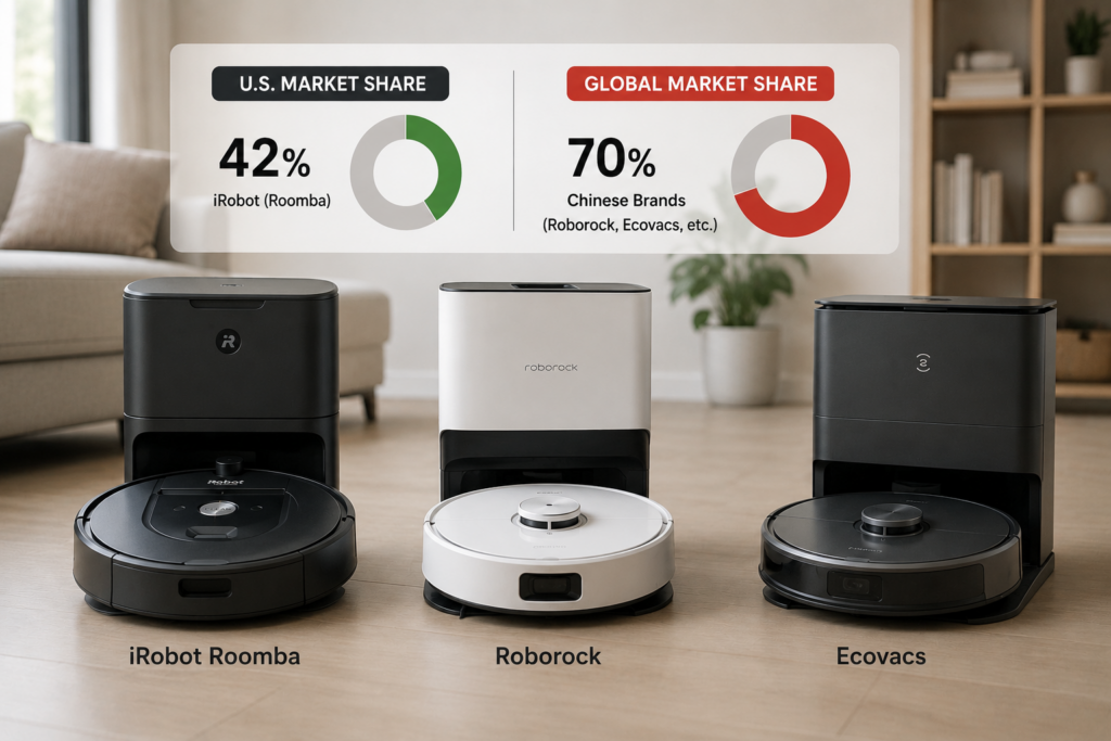 Roomba versus Ecovacs Roborock Chinese robot vacuum market share 42 percent US 70 percent global IDC data