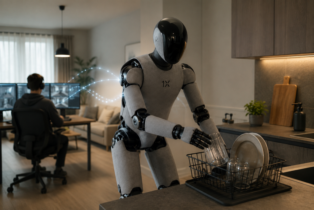 1X Expert wearing VR headset teleoperating the Neo humanoid robot through cameras and motion controllers