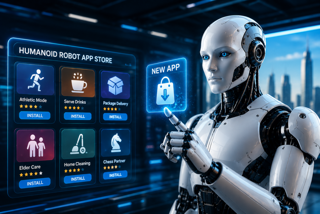 Humanoid robot app store marketplace downloadable robot capabilities Unitree OpenMind platform ecosystem 2027