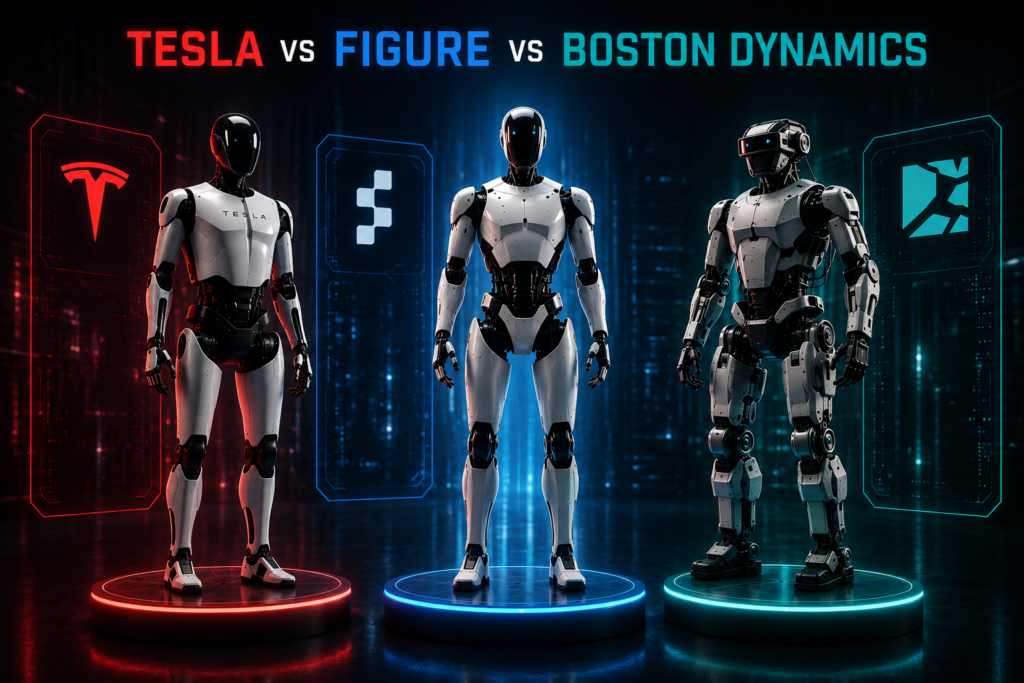 Tesla Optimus Gen 3 Figure 03 Boston Dynamics Atlas humanoid robot race comparison 2026 strategy specs deployment