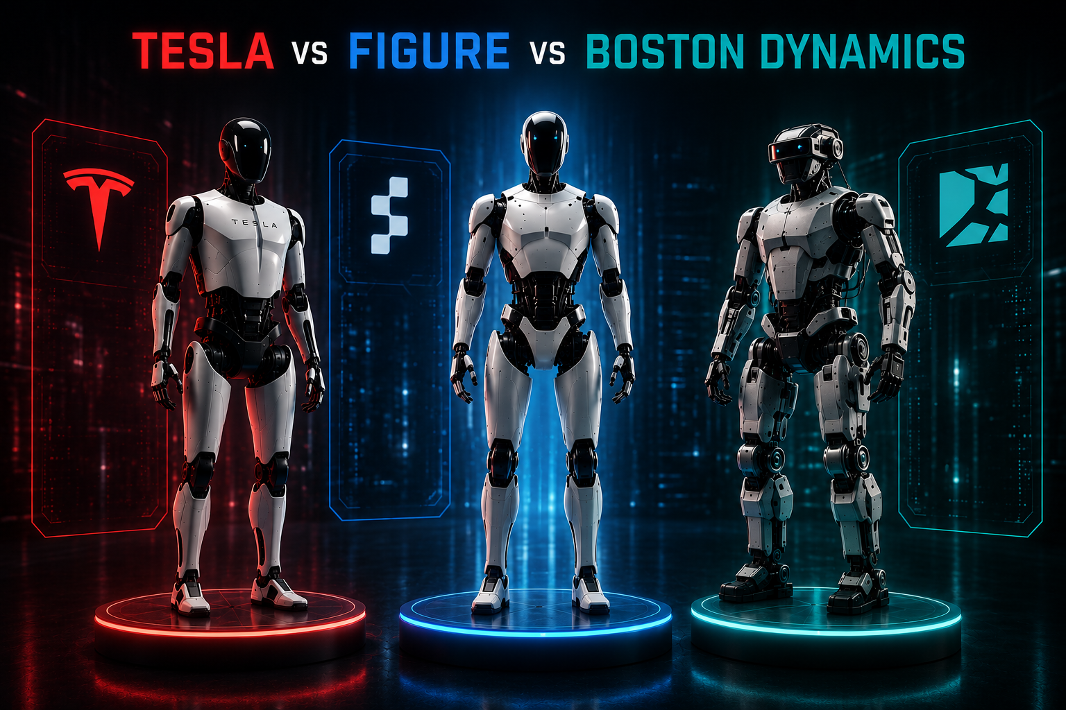 Tesla Optimus Gen 3 Figure 03 Boston Dynamics Atlas humanoid robot race comparison 2026 strategy specs deployment
