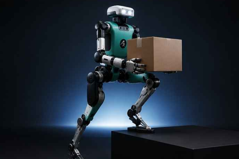 Agility Digit warehouse robot carrying a gray storage tote through an industrial warehouse aisle