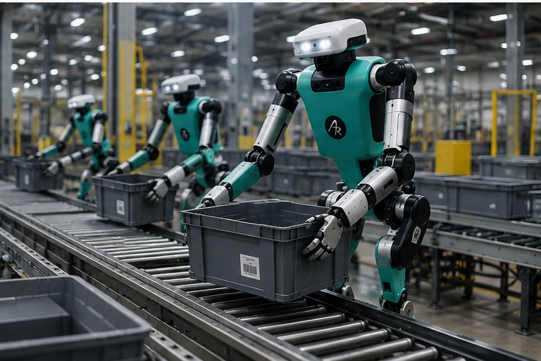 Multiple Agility Digit humanoid robots working in a warehouse environment with storage bins and conveyor systems