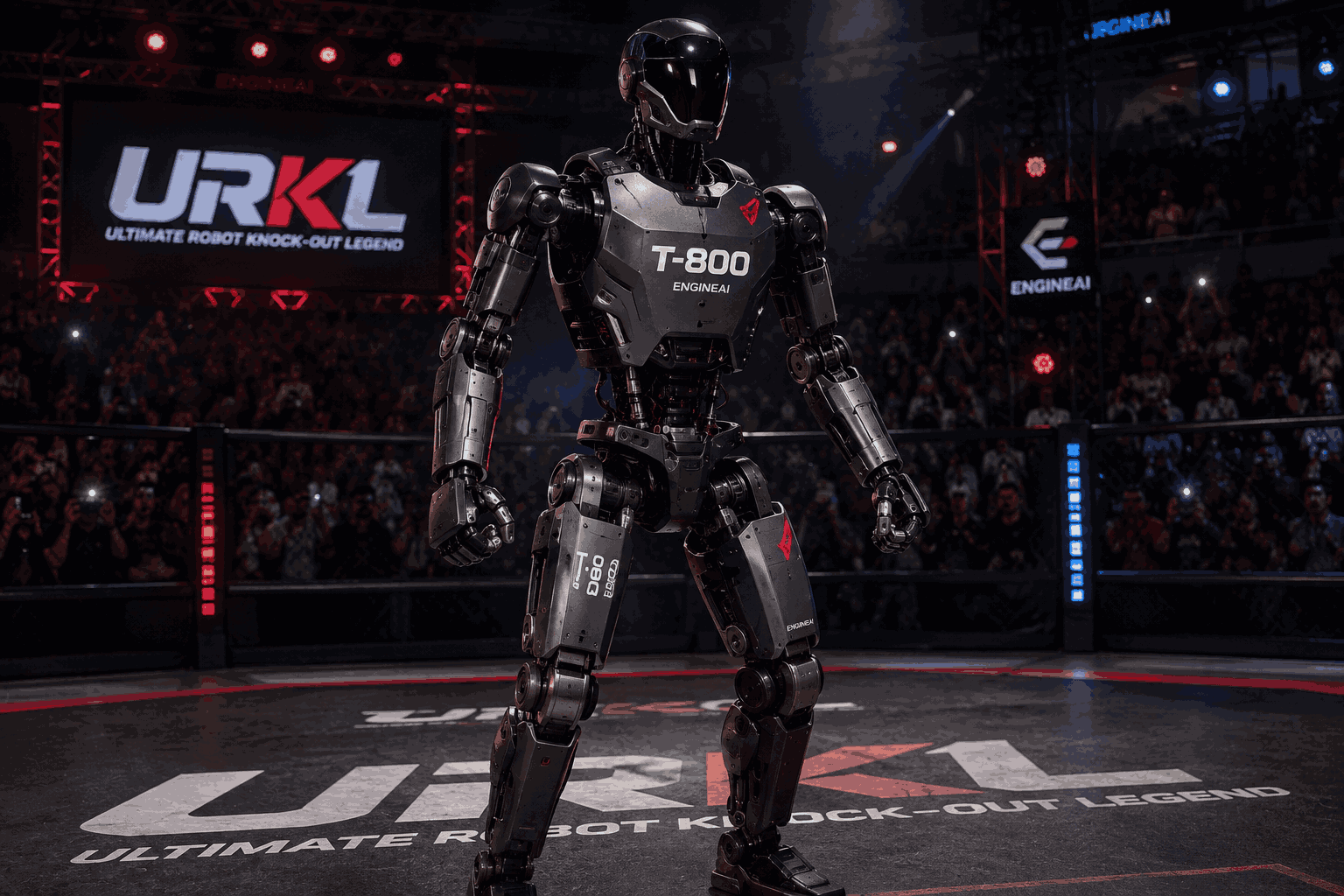 EngineAI T-800 combat humanoid robot in a URKL-style arena during a full-scale robot fighting event