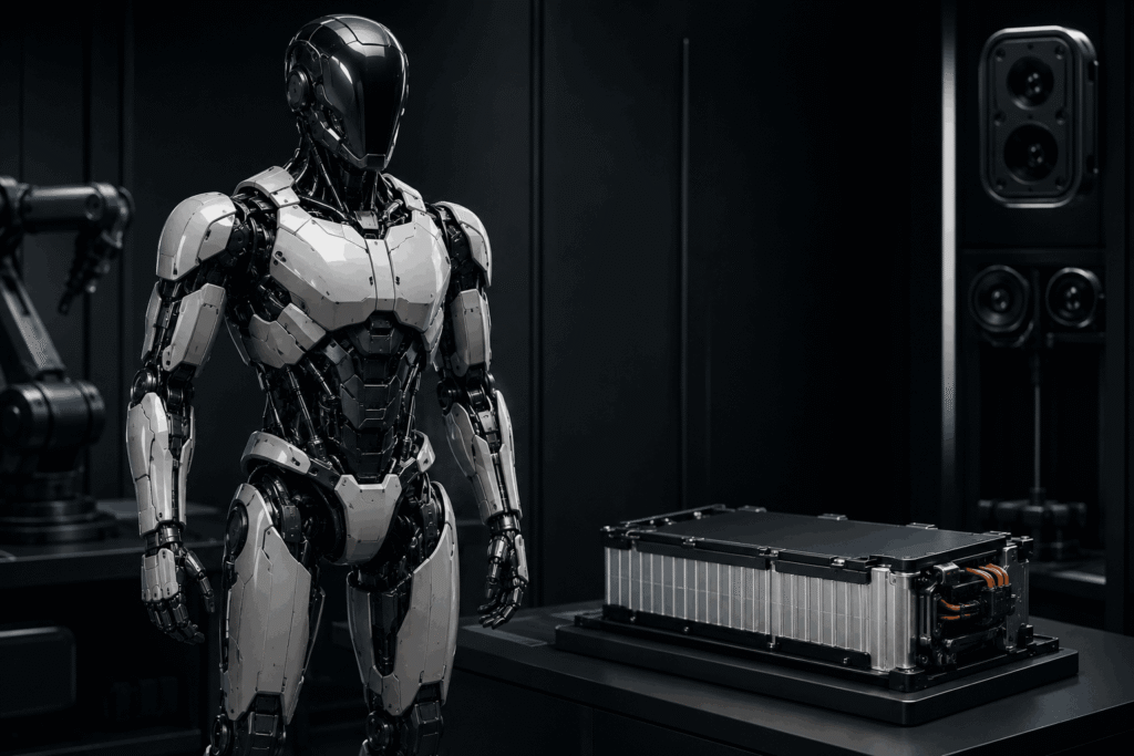 EngineAI T-800 humanoid robot beside a solid-state battery module used for extended runtime and combat durability