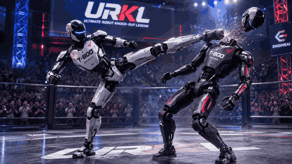 White Eagle humanoid robot kicking Matador during a URKL combat league fight as Matador loses its head in the arena
