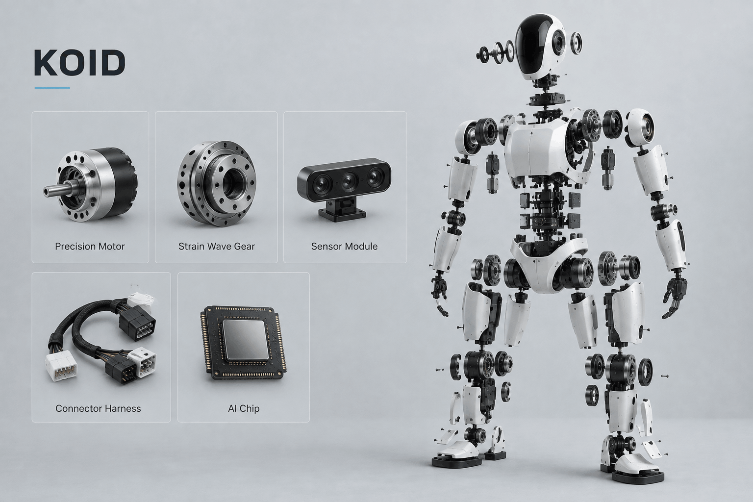KOID index portfolio shown as evenly sized humanoid component tiles: motors, reducers, sensors, interconnects, and AI processors