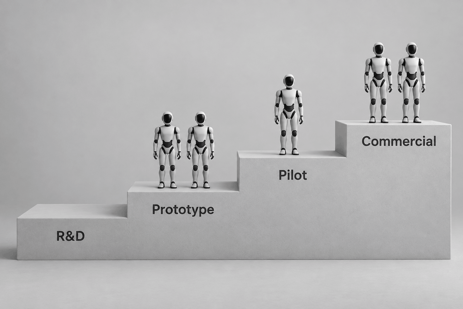 Humanoid platform readiness ladder from research to commercial sale, showing where HUMN's largest maker positions stand