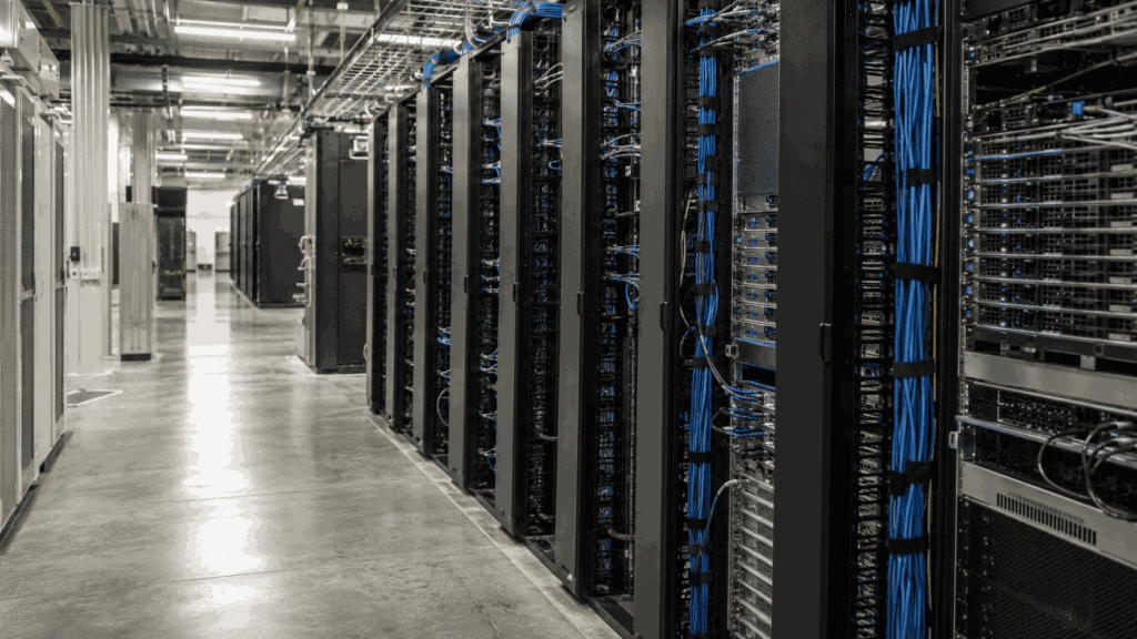 Rows of high-performance computing servers and networking equipment inside a modern data center