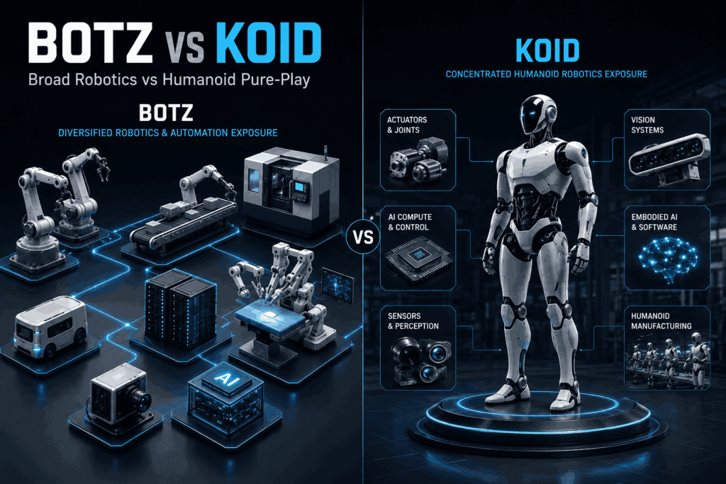 BOTZ vs KOID robotics ETF comparison showing broad automation exposure versus humanoid robotics pure-play exposure