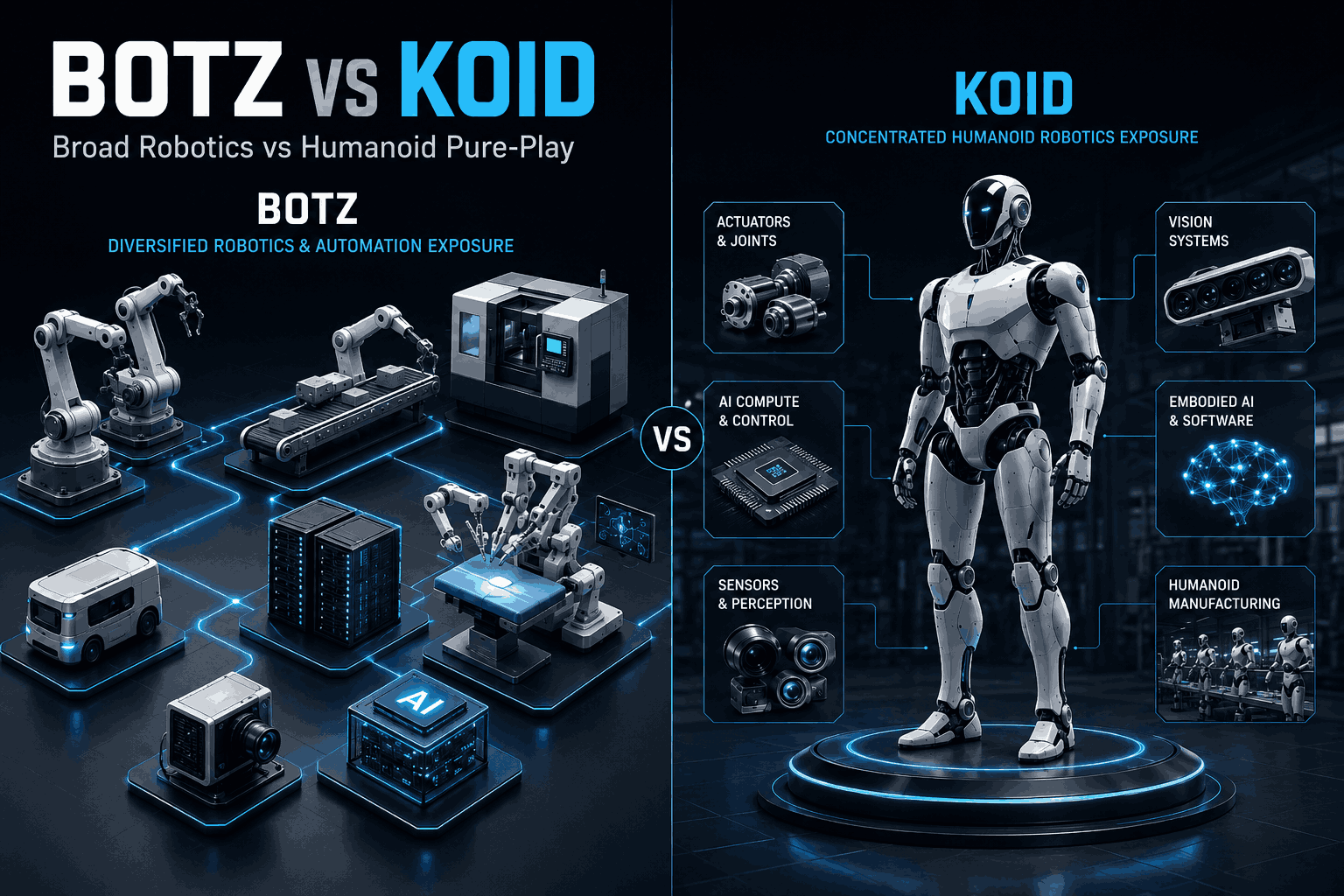 BOTZ vs KOID robotics ETF comparison showing broad automation exposure versus humanoid robotics pure-play exposure