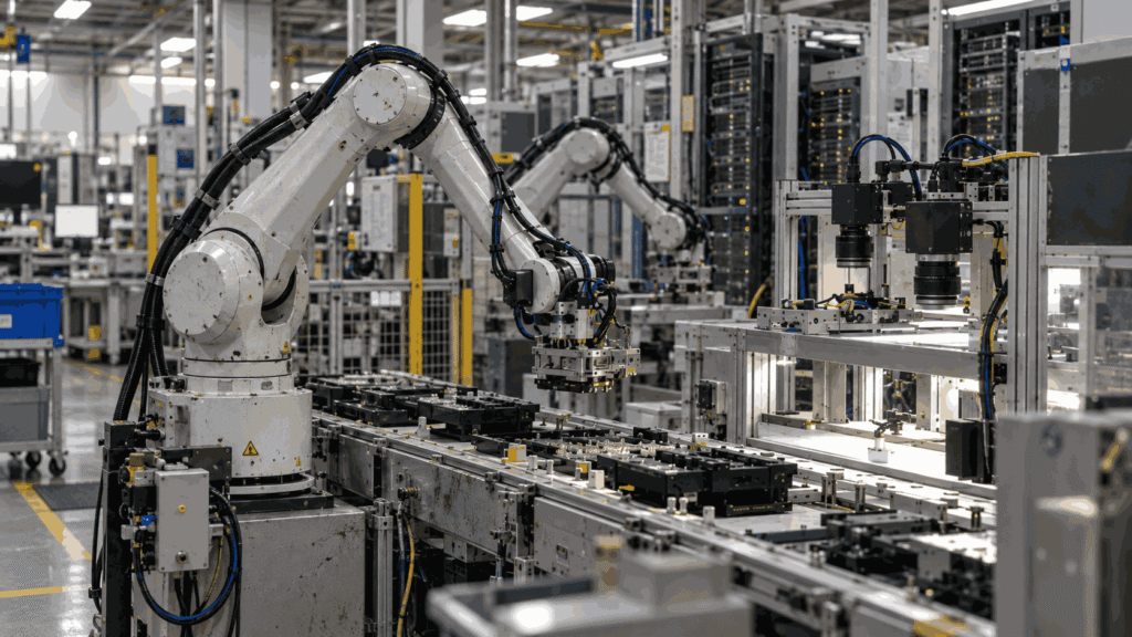 Industrial robotic arms and machine-vision equipment operating on an automated electronics manufacturing line